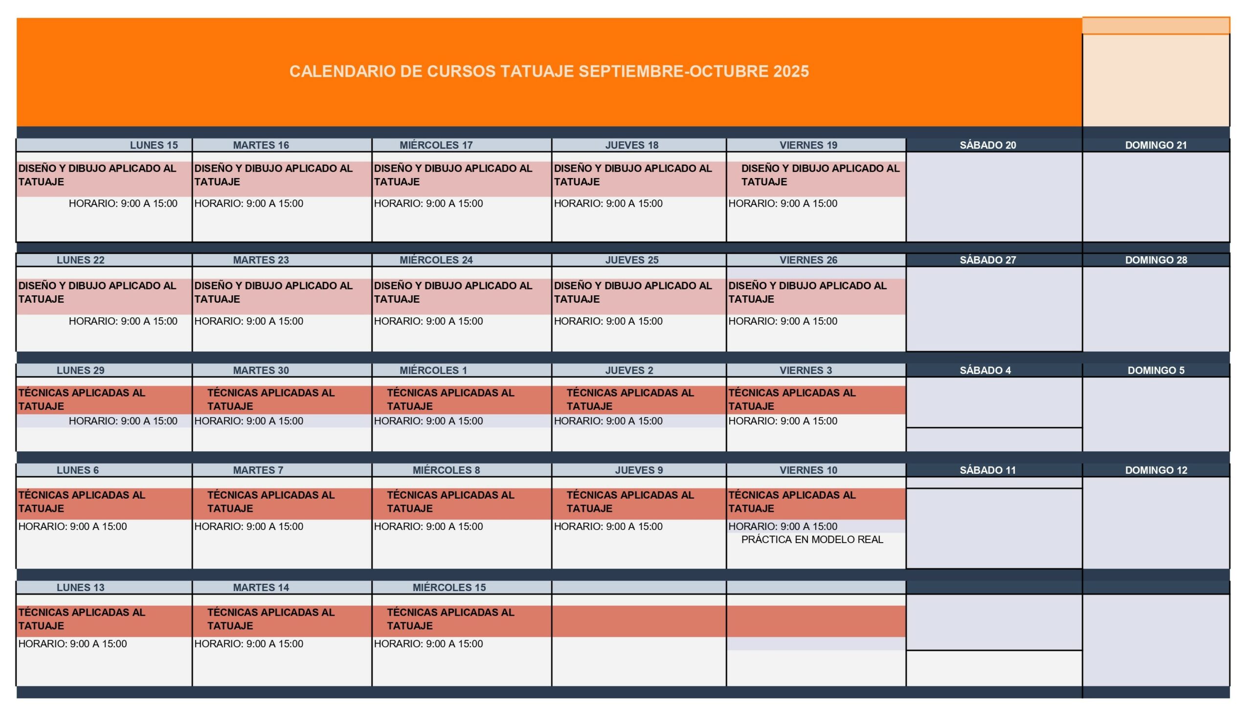 CALENDARIO CURSOS TATUAJE SEPTIEMBRE-OCTUBRE 2025